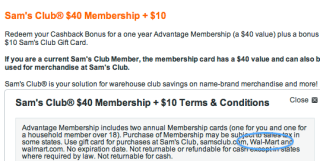 Discover Redeem Reward Sam's Club Membership Terms and Conditions highlighting Gift Card can be used at Walmart